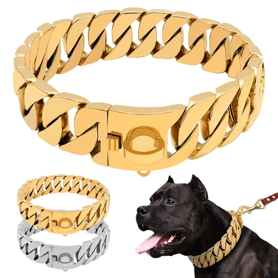 Silné kovové řetězové obojky pro psy z nerezové oceli Pet Training Choke Collar pro velké psy Pitbull Bulldog Silver Gold Show Collar