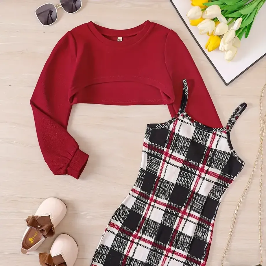 Trendy holčičí set: Sundres a crop mikina v kostkovaném vzoru - Ležérní outfit pro jaro a podzim