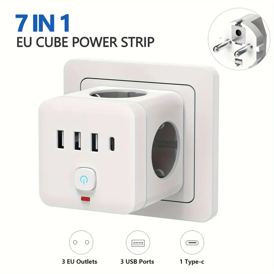 7v1 EU Napájecí lišta s ochranou proti přepětí, 3x zásuvka + 3x USB + 1x USB-C, nabíjecí stanice s ochranou proti přetížení