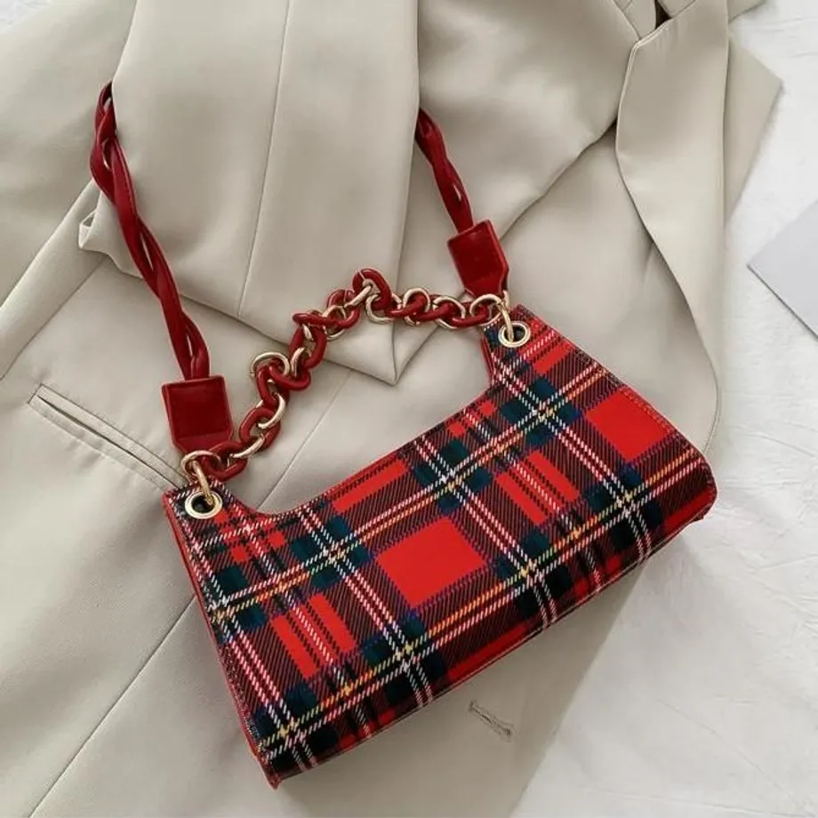 Tartan Plaid 90S Aesthetic Baguette Bag s řetízkem