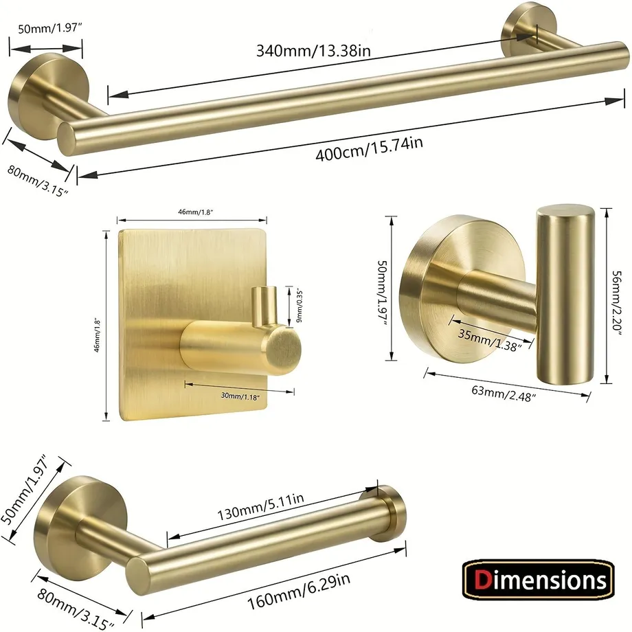 5dílná Sada Koupelnového Kování, Obsahuje Tyč Na Ručníky, Držák Na Toaletní Papír, 3 Háčky Na Ručníky, Nástěnný Stojan Na Ručníky Z Nerezové Oceli, Koupelnové Doplňky