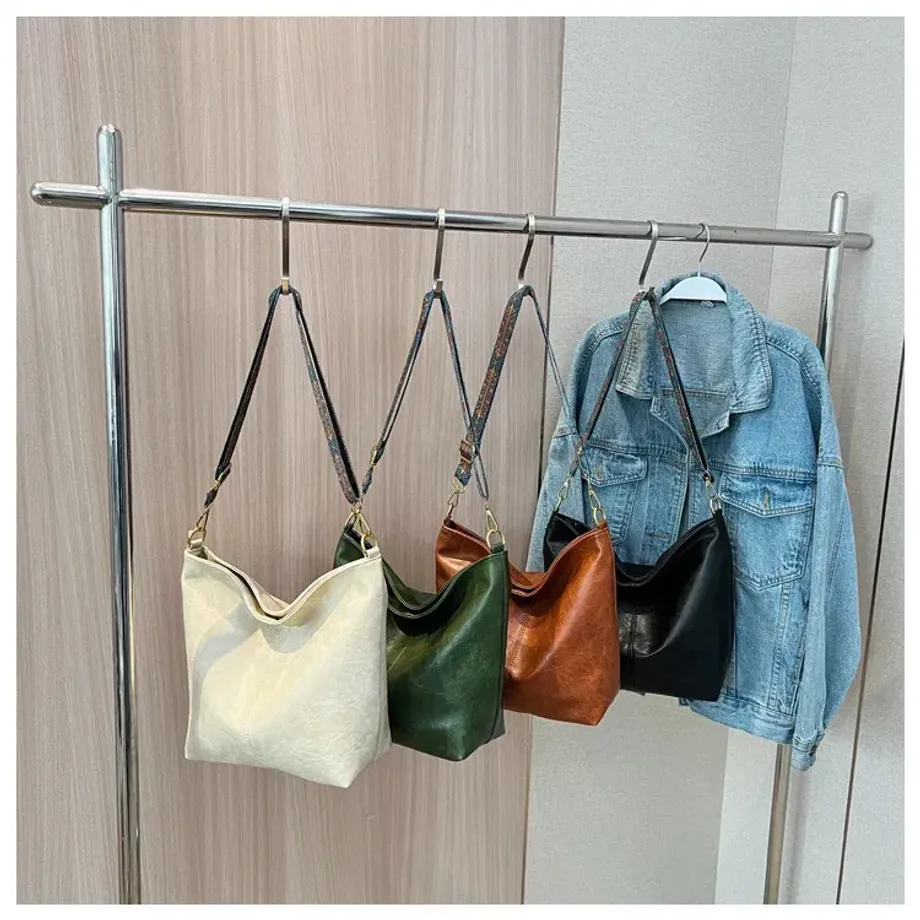 Vintage Vegan Dámská Brašna - Velká PU Kožená Kbelíková Taška Luxusní Crossbody