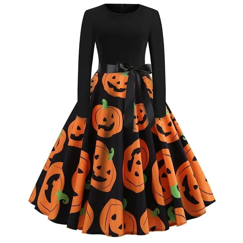 Halloweenské šaty s potiskem pro ženy s dlouhým rukávem - Šaty pro večerní večírek v duchu 50. let, elegantní kostýmy pro cosplay