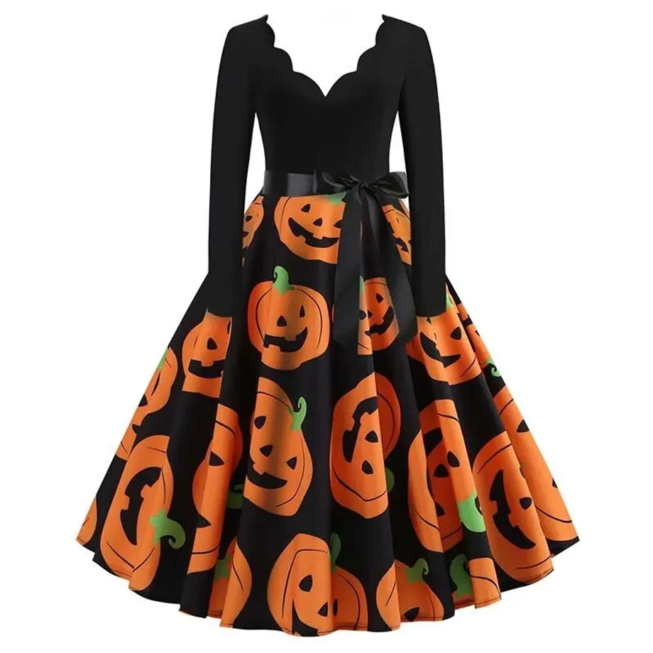 Halloweenské šaty s potiskem pro ženy s dlouhým rukávem - Šaty pro večerní večírek v duchu 50. let, elegantní kostýmy pro cosplay