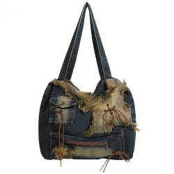 Vintage denimová ramenní taška, shopperka s třásněmi, trendy crossbody kabelka s uzávěrem na stahovací šňůrku - Pro ženy