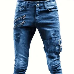 Pánské trhané motocyklové džíny slim fit, ležérní pouliční styl, elastický denim s odřeným vzhledem