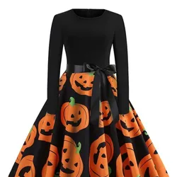 Halloweenské šaty s potiskem pro ženy s dlouhým rukávem - Šaty pro večerní večírek v duchu 50. let, elegantní kostýmy pro cosplay