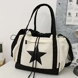 Vintage stahovací tote taška s hvězdičkovým potiskem Y2K, prostorná crossbody pro školu