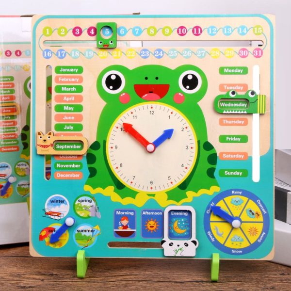 Dětský dřevěný vzdělávací předškolní kalendář + hodiny - výuka angličtiny