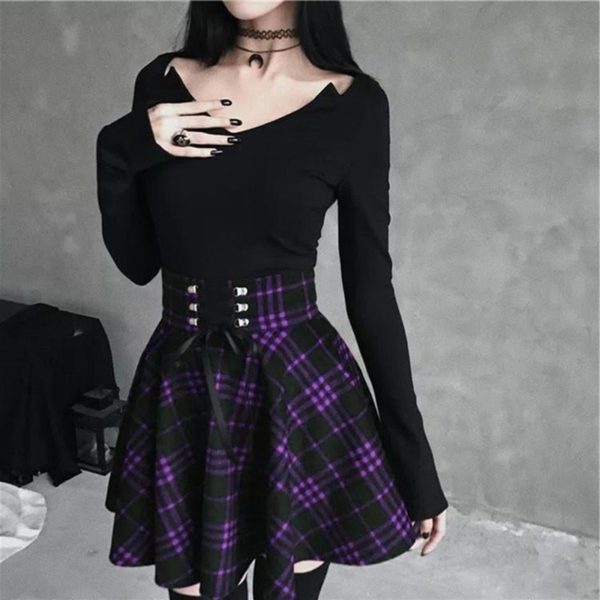 Gotická kostkovaná mini sukně s vysokým šněrovacím pasem