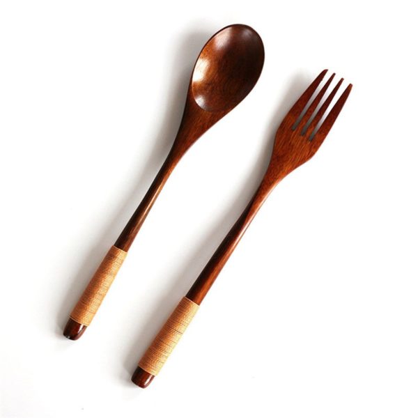 Dřevěná lžíce a vidlička - 2 ks - Svetle-hneda