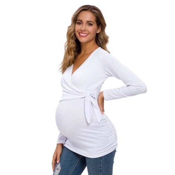 Těhotenské triko s dlouhým rukávem a mašlí - A-white-3, Xl