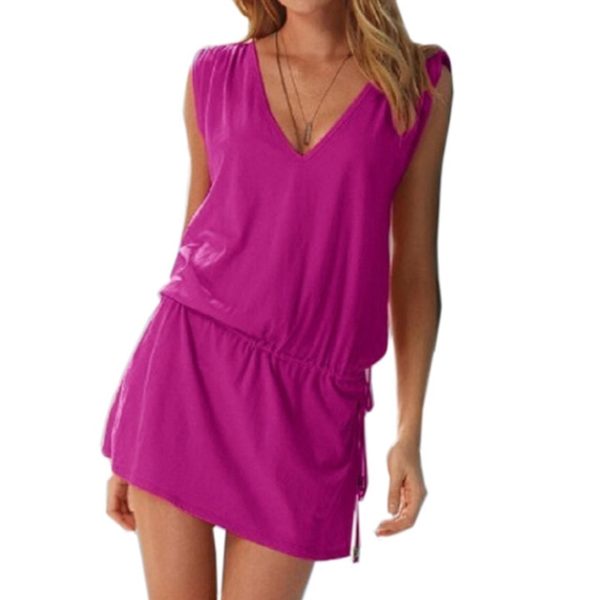 Jednobarevné letní mini šaty - Fialova